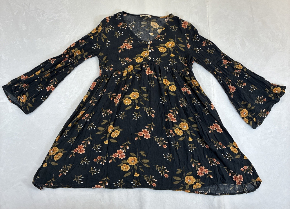 Altar'd State S Black Peach/Orange Floral Short Dress Flowy Long Sleeve 3 Button